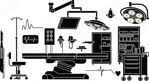 Black silhouette icons represent surgical equipment including an operating table, overhead lights, monitors, and instrument trays for medical procedures.