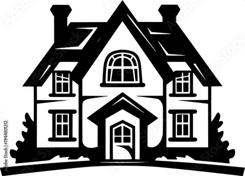 Minimalist dark gray house silhouette icon, suburban home with garage on the left, arched front door in the center, two arched windows on upper floor, window with shutters on right side, flat vector d