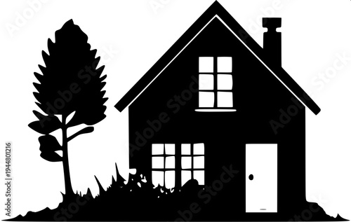 Minimalist dark gray house silhouette icon, suburban home with garage on the left, arched front door in the center, two arched windows on upper floor, window with shutters on right side, flat vector d