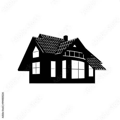 Minimalist dark gray house silhouette icon, suburban home with garage on the left, arched front door in the center, two arched windows on upper floor, window with shutters on right side, flat vector d