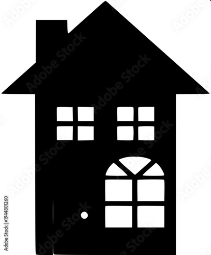 Minimalist dark gray house silhouette icon, suburban home with garage on the left, arched front door in the center, two arched windows on upper floor, window with shutters on right side, flat vector d