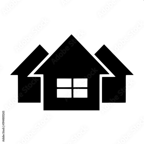 Minimalist dark gray house silhouette icon, suburban home with garage on the left, arched front door in the center, two arched windows on upper floor, window with shutters on right side, flat vector d