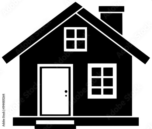Minimalist dark gray house silhouette icon, suburban home with garage on the left, arched front door in the center, two arched windows on upper floor, window with shutters on right side, flat vector d