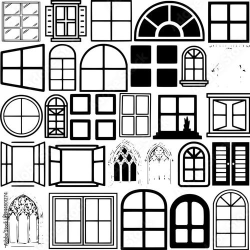 Minimalist dark gray house silhouette icon, suburban home with garage on the left, arched front door in the center, two arched windows on upper floor, window with shutters on right side, flat vector d