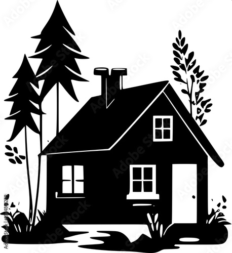 Minimalist dark gray house silhouette icon, suburban home with garage on the left, arched front door in the center, two arched windows on upper floor, window with shutters on right side, flat vector d