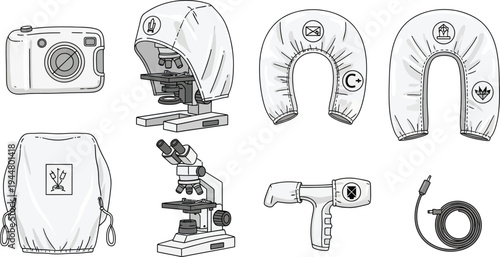 Laboratory equipment such as a microscope, digital camera, and protective dust covers are arranged for scientific equipment maintenance illustration.