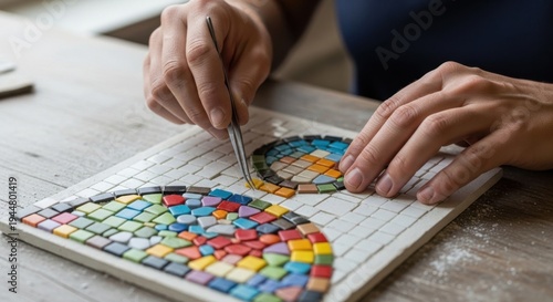 Hands Crafting Colorful Mosaic Art with Tweezers