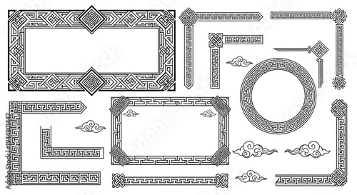 Set of traditional Asian style decorative frames, borders, and corner elements with intricate Greek key and cloud patterns on an isolated white background.