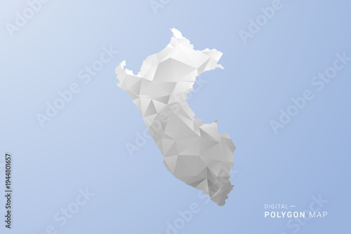 Peru Map - polygon style vector illustration in gray, white and blue tone, low-poly geometric design, minimal silhouette, suitable for infographic and modern design.