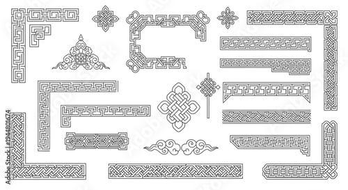 Detailed set of traditional Asian style borders, corners, and decorative elements with geometric patterns and clouds on an isolated white background.