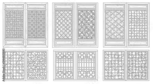 Set of Six Traditional Asian Decorative Window or Wall Panels with Distinct Intricate Geometric Lattice Designs, Isolated White Background