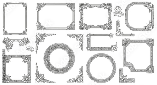 Comprehensive Set of Traditional Asian Decorative Frames and Borders in Various Shapes with Ornate Floral and Cloud Motifs, Isolated White Background