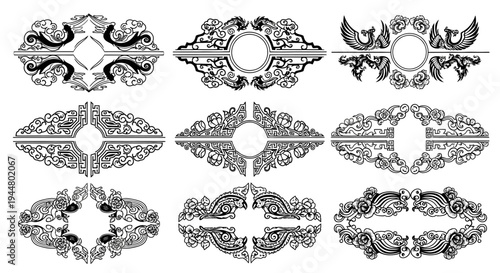 Set of Traditional Asian Ornate Horizontal Borders and Frames with Mythological Phoenix and Cloud Motifs, Isolated White Background