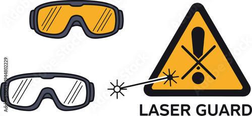 Safety goggles and a warning sign indicate the mandatory use of laser protection equipment for hazard avoidance.
