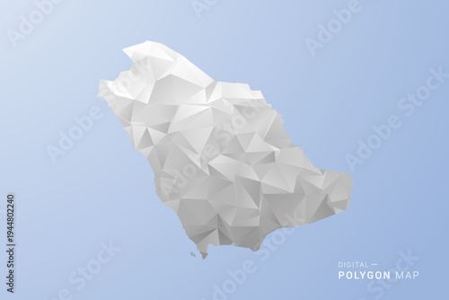Saudi Arabia Map - polygon style vector illustration in gray, white and blue tone, low-poly geometric design, minimal silhouette, suitable for infographic and modern design.