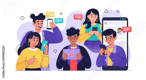 Flat vibrant illustration of a diverse Gen Z team collaborating on social media with laptops and mobile devices in a digital communication concept