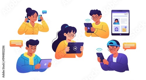 Flat vibrant illustration of Gen Z people collaborating on digital devices in a modern team setting with a lively and connected mood