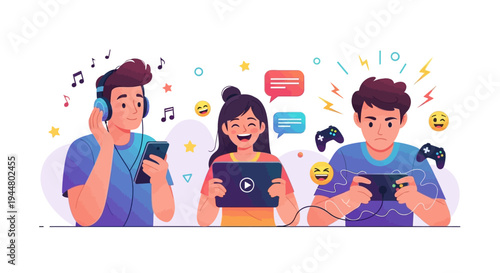 Flat illustration of a young team collaborating on digital devices with vibrant trend icons and emojis, conveying a joyful social media concept