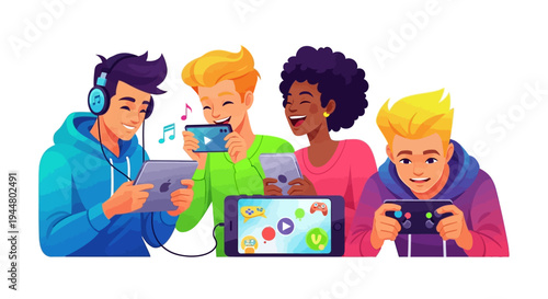 A diverse group of Gen Z friends engaged in social media and gaming on their mobile devices and laptop with vibrant trend illustrations
