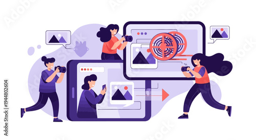 Gen Z people collaborate on a vibrant social media marketing project with laptops and mobile devices in a flat design illustration
