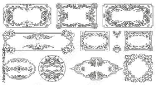 Ornate Traditional Asian Decorative Frame and Divider Vector Set with Floral and Scrollwork Designs, Isolated White Background