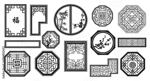 Diverse Traditional Asian Decorative Element and Frame Vector Set with "Fu" Character, Bamboo, and Floral Motifs, Isolated White Background