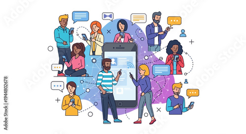 Flat vibrant illustration of diverse Gen Z people collaborating on digital devices with social media elements in a colorful and trendy composition