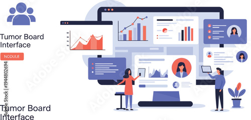 Two professionals analyze complex digital data visualizations showing charts and user profiles on large computer monitors.