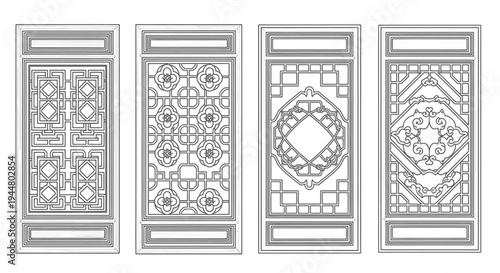 Intricate Traditional Asian Wooden Lattice Screen Panels Vector Set with Geometric and Floral Patterns, Isolated White Background