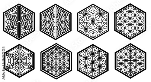 Set of eight distinct hexagonal shapes filled with intricate geometric patterns, creating bold traditional Asian decorative motifs in solid black and white on a bright studio background.