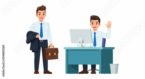 A man in a business suit arriving at work and another man waving from his office desk.