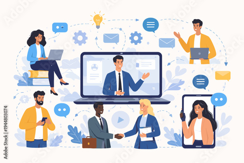 Professional business networking and online communication concept with diverse people collaborating via video calls, laptops, and digital devices for remote work, education, and global teamwork.