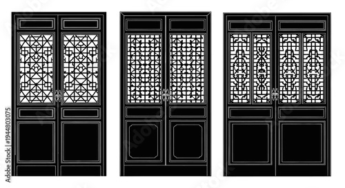 Pair of traditional Chinese door panels with intricate geometric lattice work and carved traditional patterns, rendered as solid black silhouettes with white details on an isolated white background.