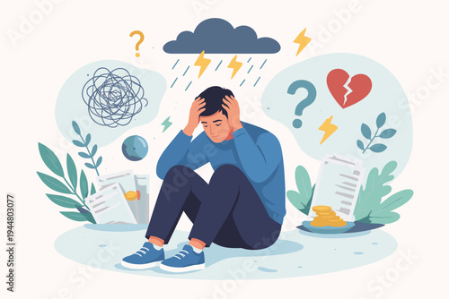 Sad man sitting on floor holding head in distress surrounded by symbols of stress like storm clouds, broken heart, financial bills, and confusion. Mental health, anxiety, and depression concept.