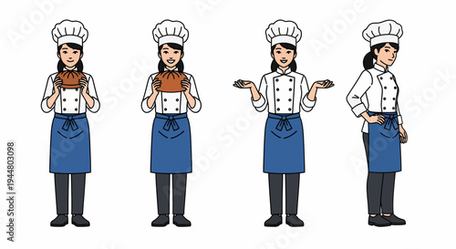Four different poses of a female chef character, showing various actions and expressions, including holding food and shrugging.
