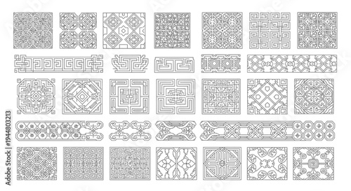 Extensive grid collection of 25 traditional Asian decorative patterns, including various intricate geometric, labyrinthine, and abstract cultural designs in line art on an isolated white background.