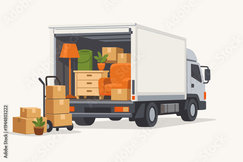 Vector illustration of a white moving truck loaded with cardboard boxes, an orange armchair, a wooden dresser, and a floor lamp. Professional relocation service concept with delivery van.
