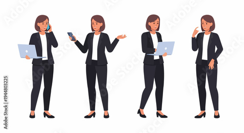 A set of four illustrations depicting a professional businesswoman in various poses and actions, including working with a laptop, talking on a phone, gesturing, and thinking.