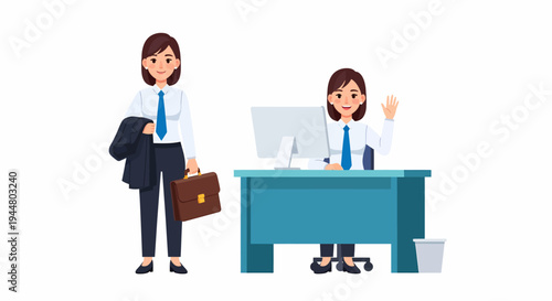 Young businesswoman in professional attire, standing with briefcase and sitting at office desk waving.