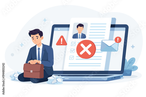 Sad Businessman Being Denied in Online Job Application with Red Cross Mark on Laptop Screen, Unemployed Man Feeling Disappointed After Career Failure, Simple Flat Vector Illustration of Rejection