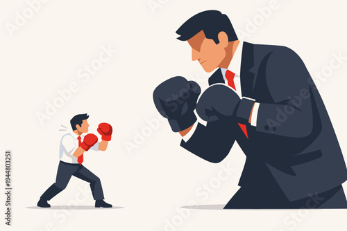 Small Businessman in Boxing Gloves Fighting a Giant Corporate Boss, Concept of Underdog Struggle, Business Competition, Market Rivalry, and Overcoming Challenges in a Flat Vector Illustration