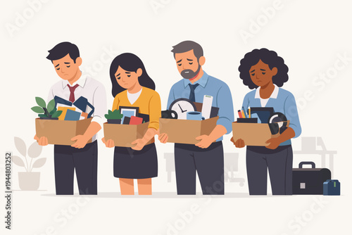 Diverse group of sad office workers carrying cardboard boxes with personal items after being fired or laid off from work. Concept of unemployment, economic crisis, downsizing, and job loss vector.