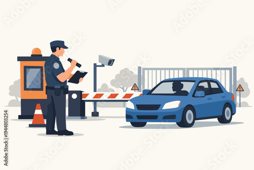 Security Guard in Uniform Checking a Car at a Gated Entrance with a Barrier Arm, Surveillance Camera, and Guard Booth. Flat Vector Illustration of a Checkpoint for Safety and Access Control.