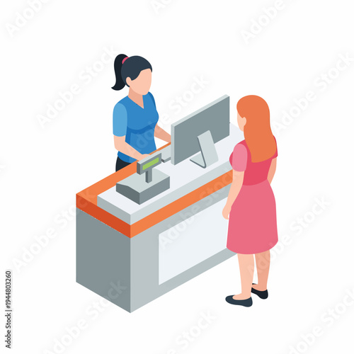 Isometric illustration of a cashier serving a customer at a store counter with a computer and cash register.
