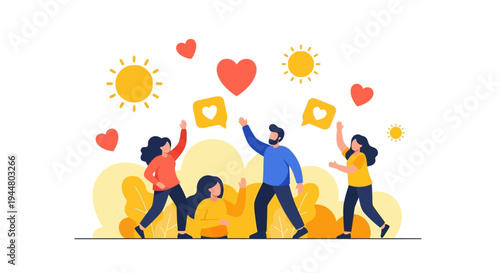 A colorful illustration of a happy family celebrating International Day of Happiness with joyful characters, hearts, and sunny decorations