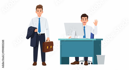A man in business attire standing with a briefcase and jacket, and sitting at an office desk waving.