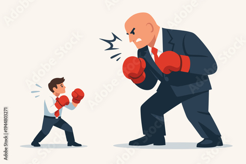Small Businessman in Boxing Gloves Fighting a Giant Angry Boss. Concept of Corporate Competition, David vs Goliath, Small Business vs Big Corporation, and Workplace Conflict Vector Illustration.