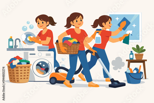 Vector Illustration of a Busy Multitasking Woman Doing Household Chores, Washing Dishes, Vacuuming, Cleaning Windows, and Doing Laundry in a Simple Flat Style for Domestic Service Concept.