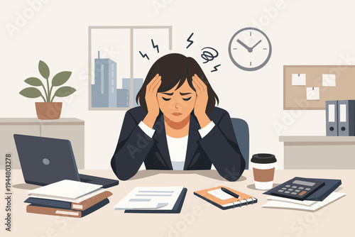 Stressed businesswoman sitting at her office desk holding her head with headache symbols, feeling overwhelmed by work pressure, deadlines, and burnout, flat vector illustration of exhaustion.