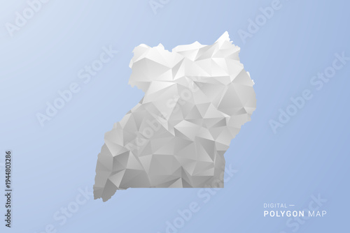 Uganda Map - polygon style vector illustration in gray, white and blue tone, low-poly geometric design, minimal silhouette, suitable for infographic and modern design.